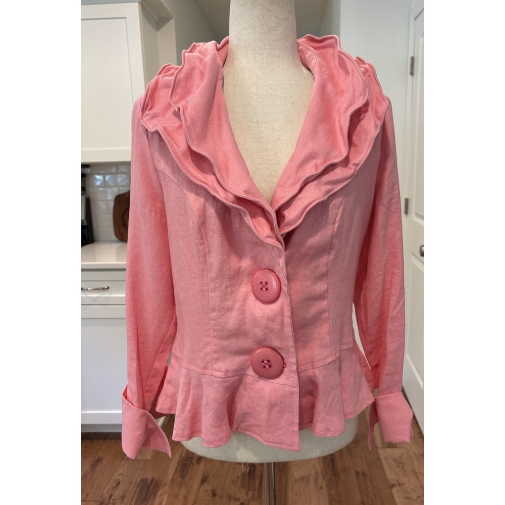 Vintage Design Todays Ruffle Collar Jacket Pink Linen‎ Women's Medium